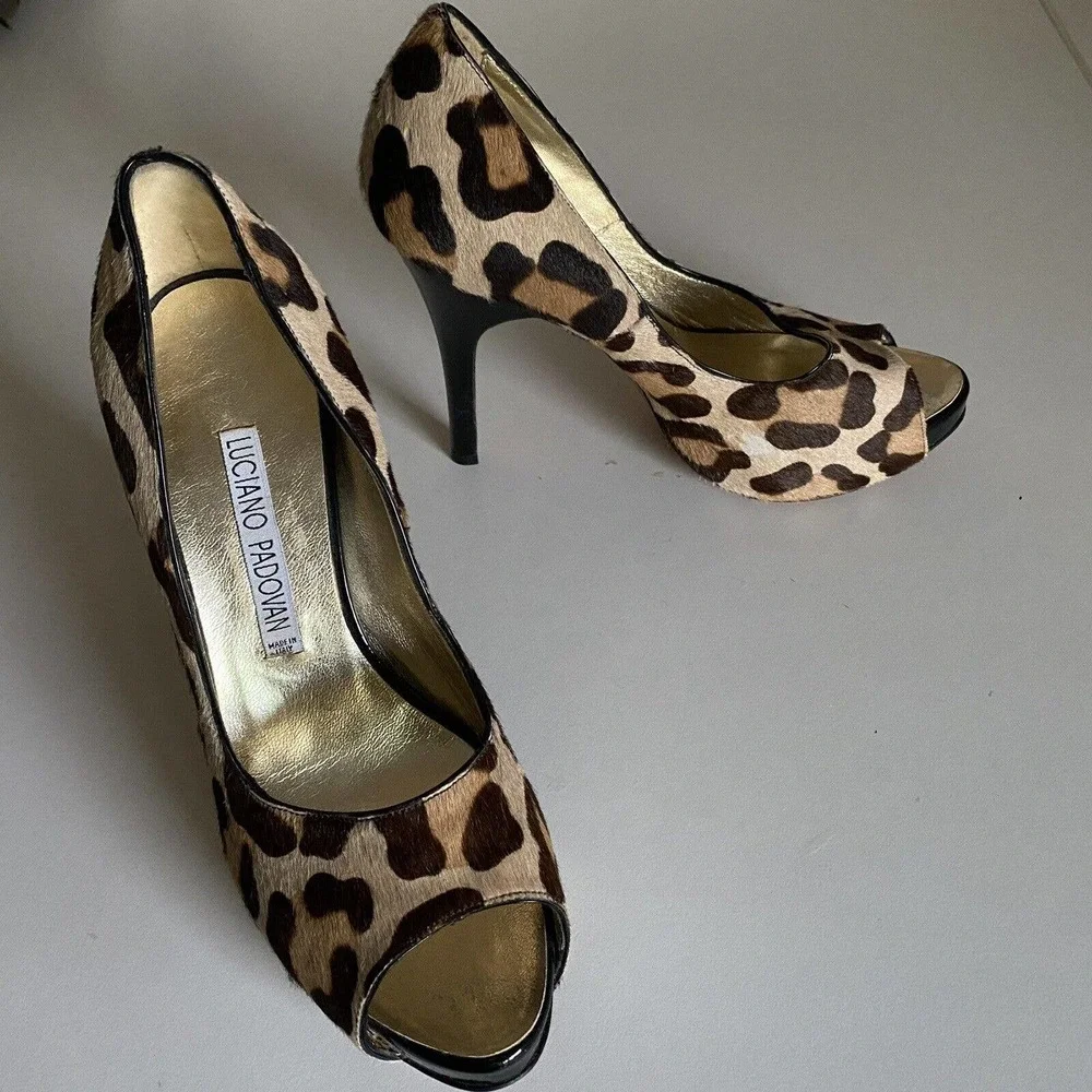 Luciano Padovan Peep Toe Pump Pony Hair Calf Animal Print Leopard Cheeta…